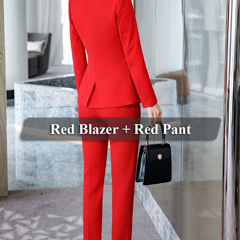 OEM Drop Ship 2 Piece Set Simple Formal Burgundy Business Suit Blazer with Pockets Office Lady Designs Women Jacket and Pant
