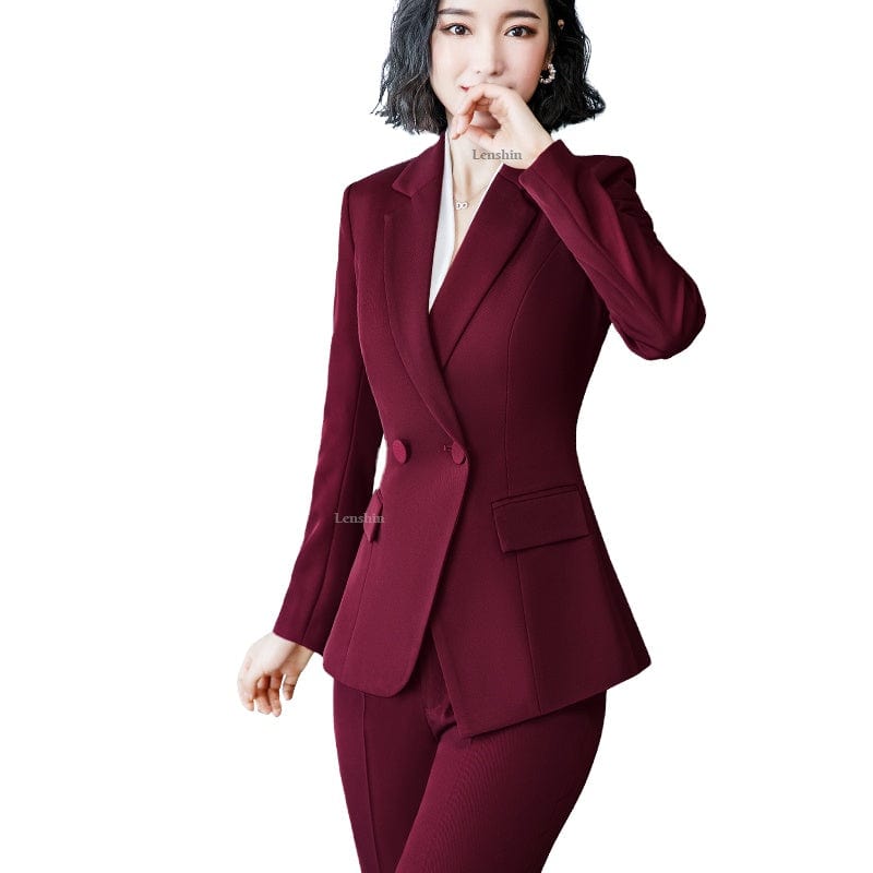 OEM Drop Ship 2 Piece Set Simple Formal Burgundy Business Suit Blazer with Pockets Office Lady Designs Women Jacket and Pant