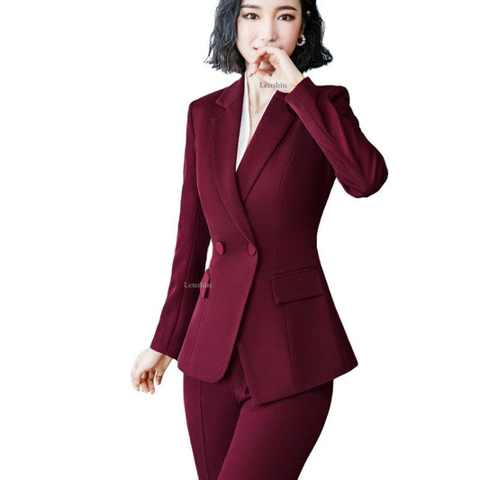 OEM Drop Ship 2 Piece Set Simple Formal Burgundy Business Suit Blazer with Pockets Office Lady Designs Women Jacket and Pant
