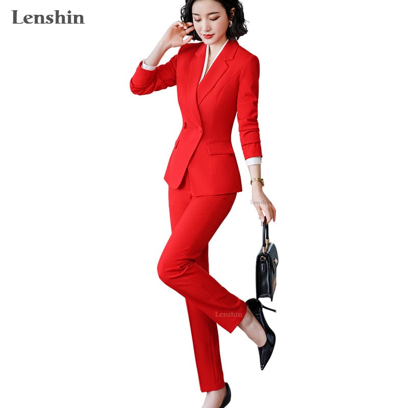 OEM Drop Ship 2 Piece Set Simple Formal Burgundy Business Suit Blazer with Pockets Office Lady Designs Women Jacket and Pant