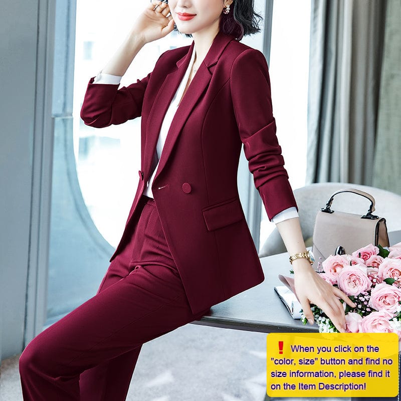 OEM Drop Ship 2 Piece Set Simple Formal Burgundy Business Suit Blazer with Pockets Office Lady Designs Women Jacket and Pant