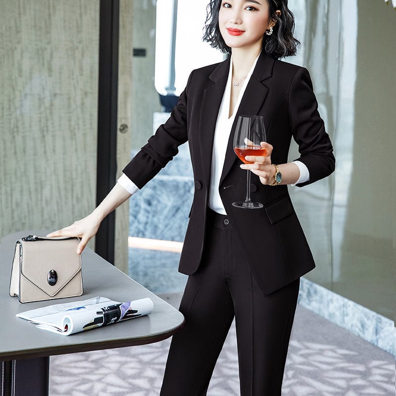OEM Drop Ship 2 Piece Set Simple Formal Burgundy Business Suit Blazer with Pockets Office Lady Designs Women Jacket and Pant