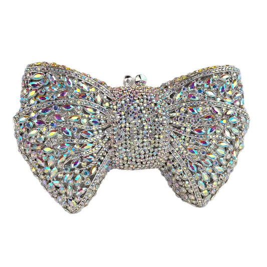 OEM Factory Zinc Alloy Sliver Bow Clutch Diamond Rhinestone Purses And Handbags Luxury holographic Evening Bows Crystal Bag