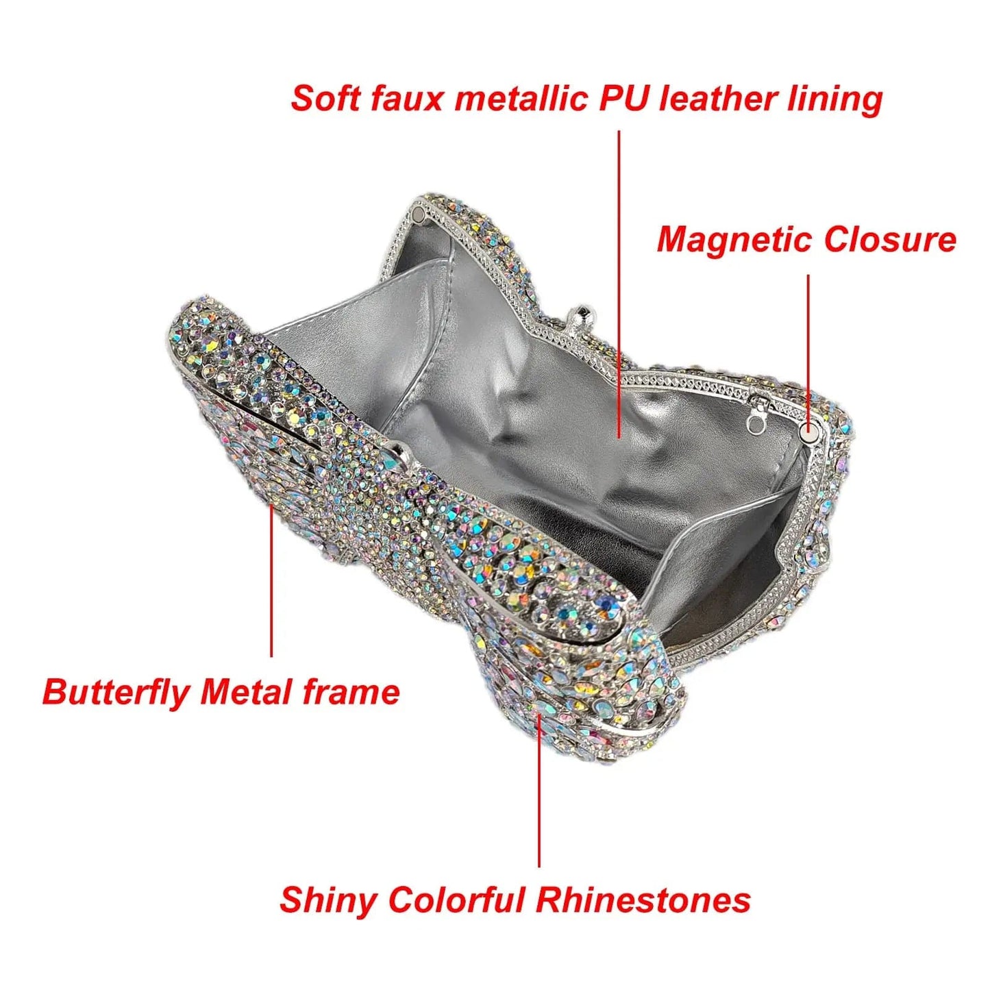 OEM Factory Zinc Alloy Sliver Bow Clutch Diamond Rhinestone Purses And Handbags Luxury holographic Evening Bows Crystal Bag