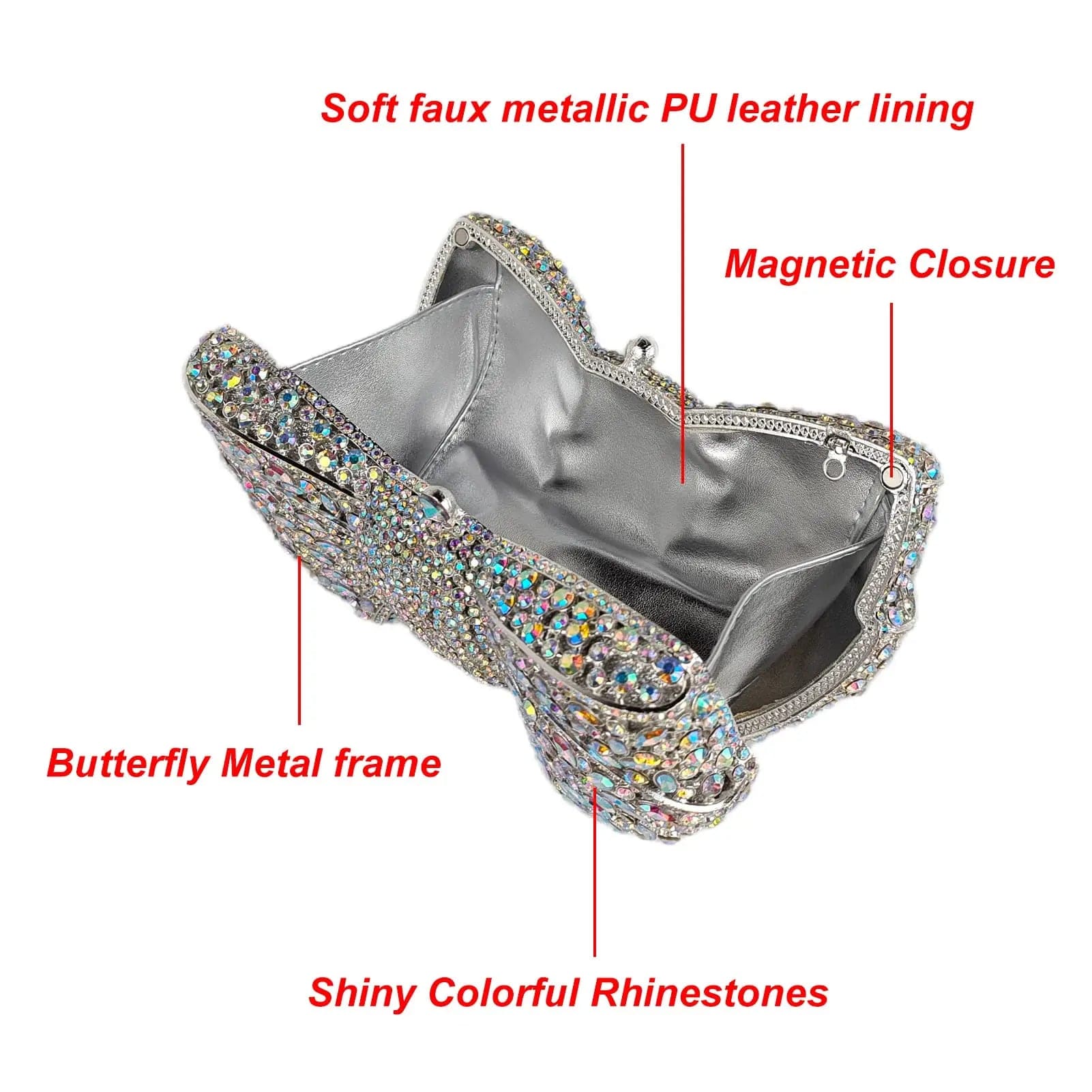 OEM Factory Zinc Alloy Sliver Bow Clutch Diamond Rhinestone Purses And Handbags Luxury holographic Evening Bows Crystal Bag