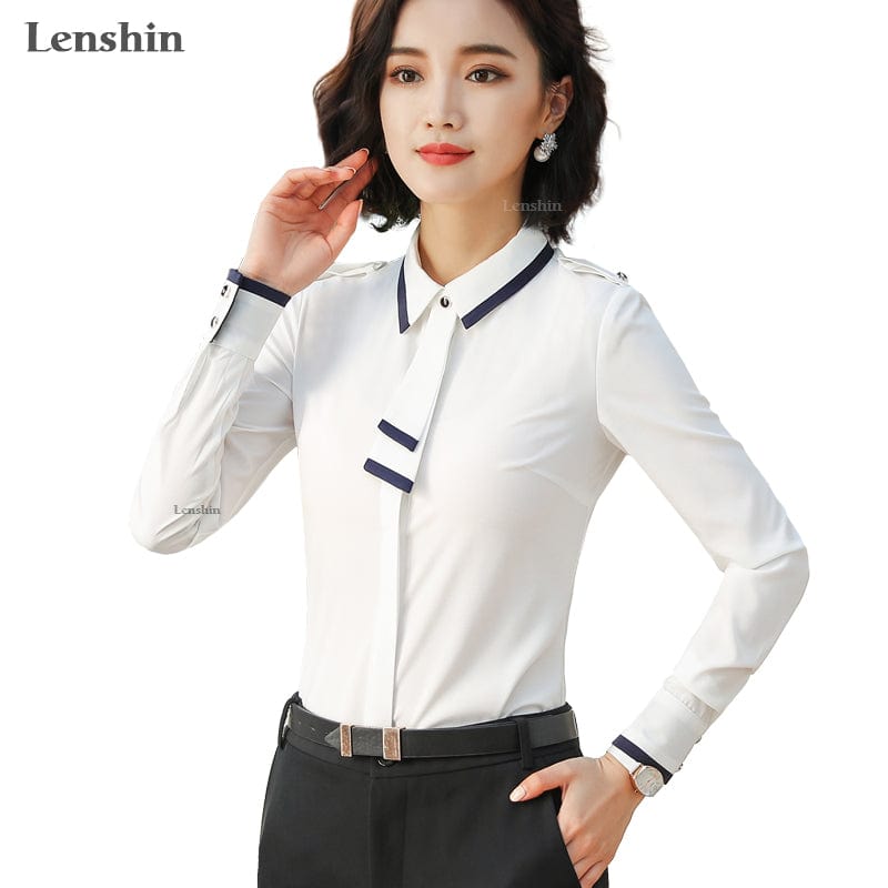 OEM Front Tie Shirts for Women Contrast Sleeve Blouse Work Wear Office Lady Bow Female Ruffle Tops Chemise