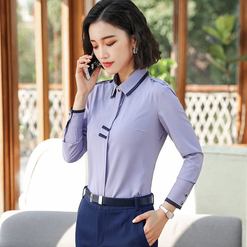 OEM Front Tie Shirts for Women Contrast Sleeve Blouse Work Wear Office Lady Bow Female Ruffle Tops Chemise