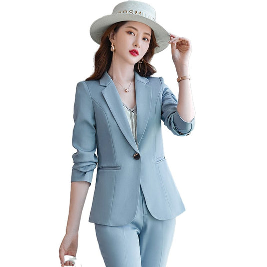 OEM High-Quality 2 Piece Set Blue Formal Fashion Pant Suit Blazer with Pockets Office Lady Women Jacket and Trousers Plus size