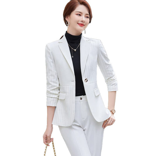 OEM High-Quality 2 Piece Set Stripes Formal Pant Suit Blazer with Pockets Office Lady Designs Women Jacket and Trousers