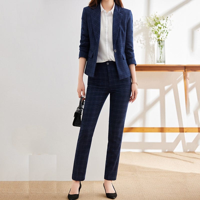 OEM High-quality Soft Comfortable 2 Piece Suits Set Plaid Formal Pant Suit Blazer Office Lady Uniform Women Jacket and Trouser