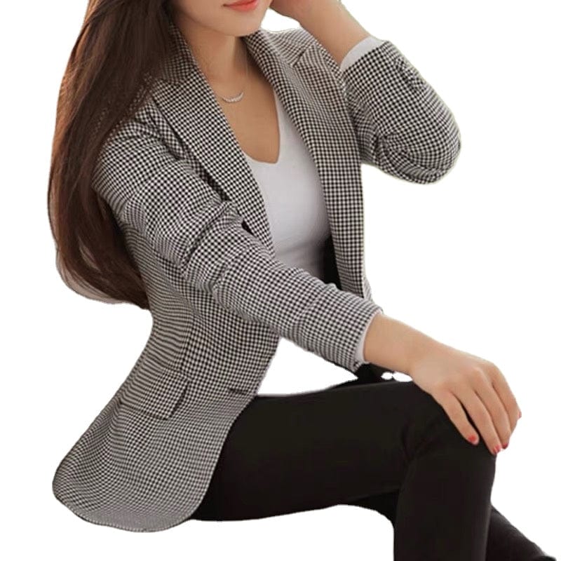 OEM Houndstooth Blazer  Plaid Jacket with Two Pockets Long sleeve One Button Women Work Wear Office Lady OL Coat Outwear