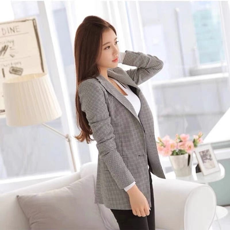 OEM Houndstooth Blazer  Plaid Jacket with Two Pockets Long sleeve One Button Women Work Wear Office Lady OL Coat Outwear