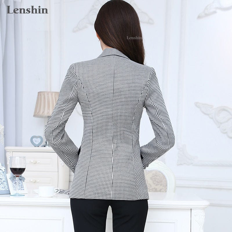 OEM Houndstooth Blazer  Plaid Jacket with Two Pockets Long sleeve One Button Women Work Wear Office Lady OL Coat Outwear