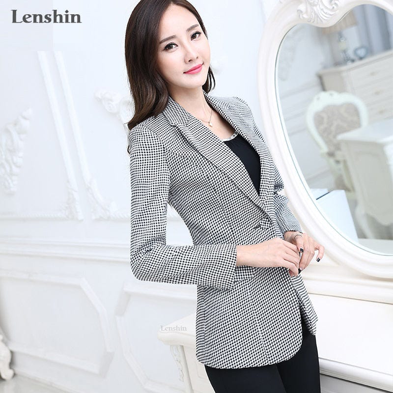 OEM Houndstooth Blazer  Plaid Jacket with Two Pockets Long sleeve One Button Women Work Wear Office Lady OL Coat Outwear