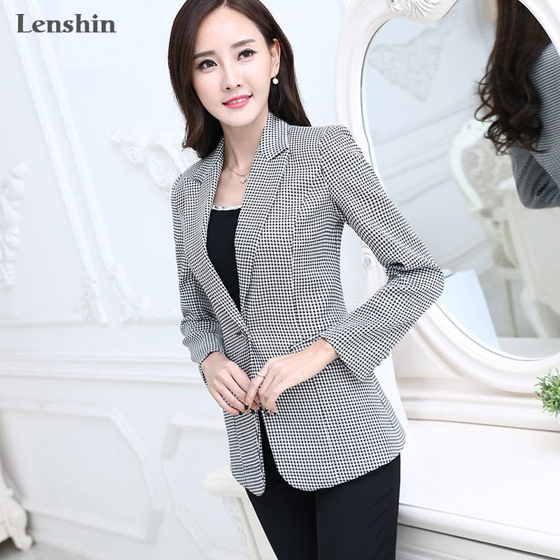 OEM Houndstooth Blazer  Plaid Jacket with Two Pockets Long sleeve One Button Women Work Wear Office Lady OL Coat Outwear
