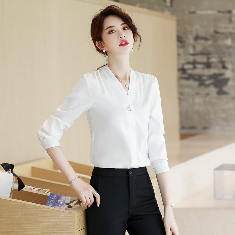 OEM Less is More Simple Wholesale High-quality Elegant Shirt V-neck Collar White Women Clothes Tops Office Ladies Blouses
