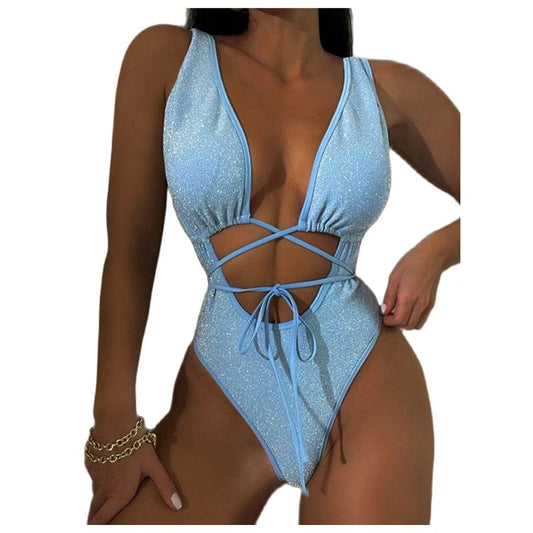 OEM Swimwear 2023 New Customized Shinny Deep V Neck High Waist Bthing Suit Beachwear Thong One piece Swimsuit for Women
