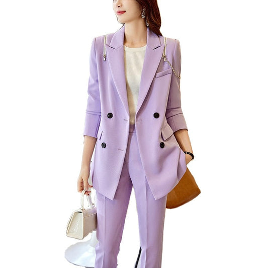 OEM Wholesale 2 Piece Solid Set for Women Business Office Lady Work Wear Double Breasted Clothes Blazer with Trousers