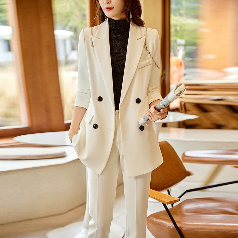 OEM Wholesale 2 Piece Solid Set for Women Business Office Lady Work Wear Double Breasted Clothes Blazer with Trousers