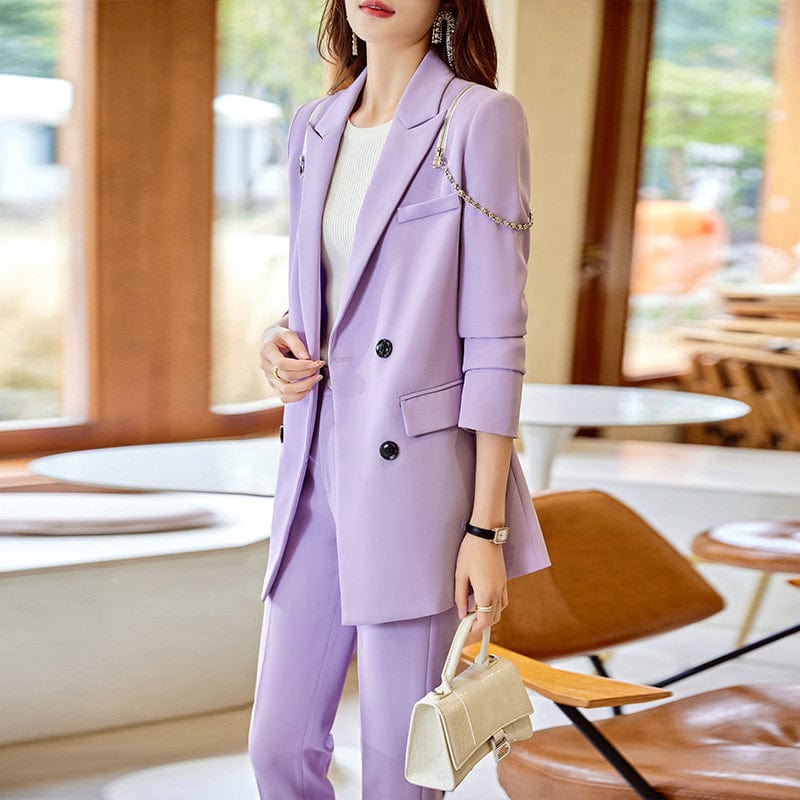 OEM Wholesale 2 Piece Solid Set for Women Business Office Lady Work Wear Double Breasted Clothes Blazer with Trousers