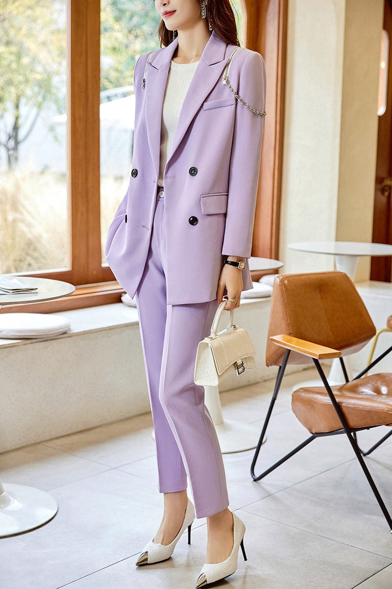 OEM Wholesale 2 Piece Solid Set for Women Business Office Lady Work Wear Double Breasted Clothes Blazer with Trousers