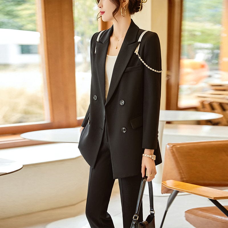 OEM Wholesale 2 Piece Solid Set for Women Business Office Lady Work Wear Double Breasted Clothes Blazer with Trousers