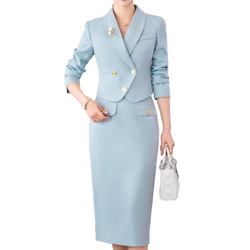 OEM Wholesale 2 Piece Solid Set for Women Business Office Lady Work Wear Double Breasted Clothes Short Blazer with Skirt