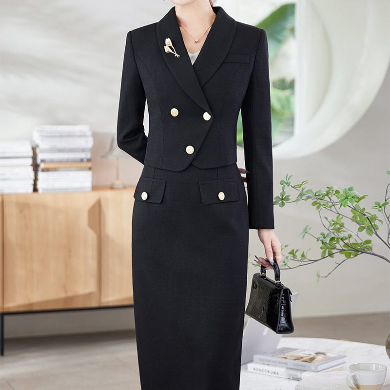 OEM Wholesale 2 Piece Solid Set for Women Business Office Lady Work Wear Double Breasted Clothes Short Blazer with Skirt