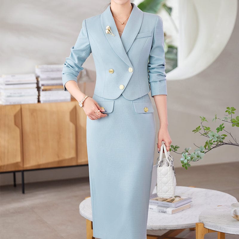 OEM Wholesale 2 Piece Solid Set for Women Business Office Lady Work Wear Double Breasted Clothes Short Blazer with Skirt