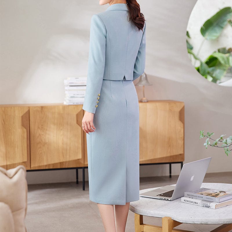 OEM Wholesale 2 Piece Solid Set for Women Business Office Lady Work Wear Double Breasted Clothes Short Blazer with Skirt