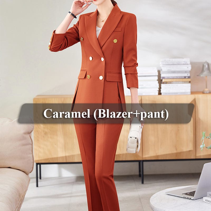 OEM Wholesale 2 Piece Solid Set for Women Business Office Lady Work Wear Double Breasted Elegant Clothes Blazer with Trousers