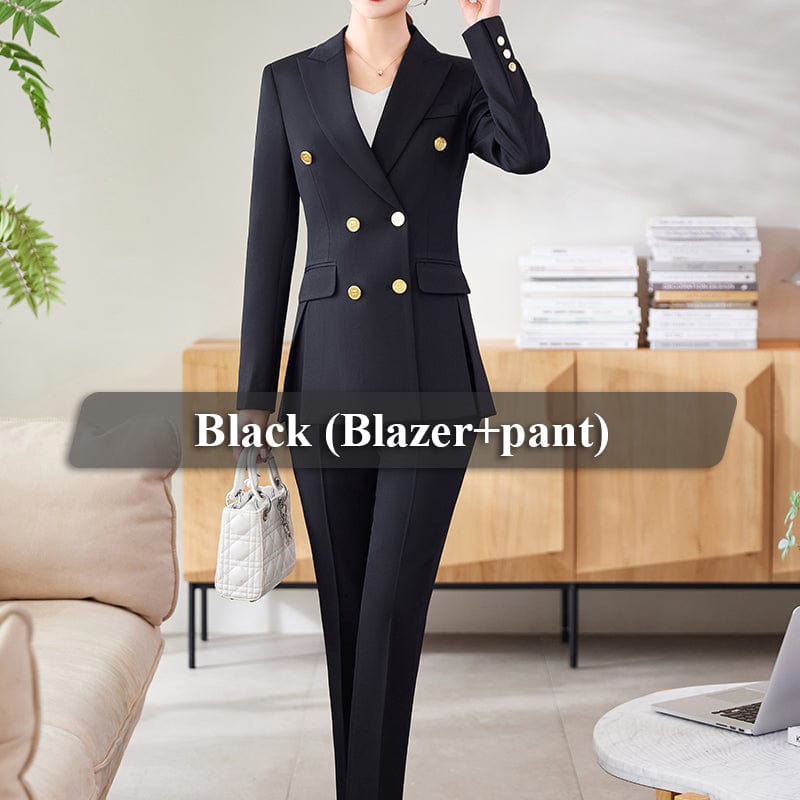 OEM Wholesale 2 Piece Solid Set for Women Business Office Lady Work Wear Double Breasted Elegant Clothes Blazer with Trousers