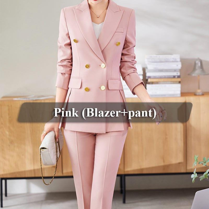 OEM Wholesale 2 Piece Solid Set for Women Business Office Lady Work Wear Double Breasted Elegant Clothes Blazer with Trousers