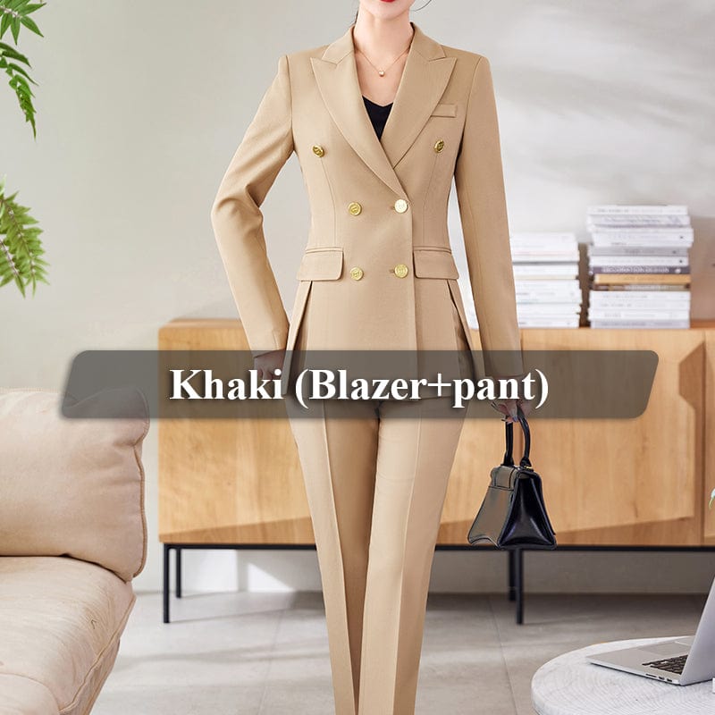 OEM Wholesale 2 Piece Solid Set for Women Business Office Lady Work Wear Double Breasted Elegant Clothes Blazer with Trousers