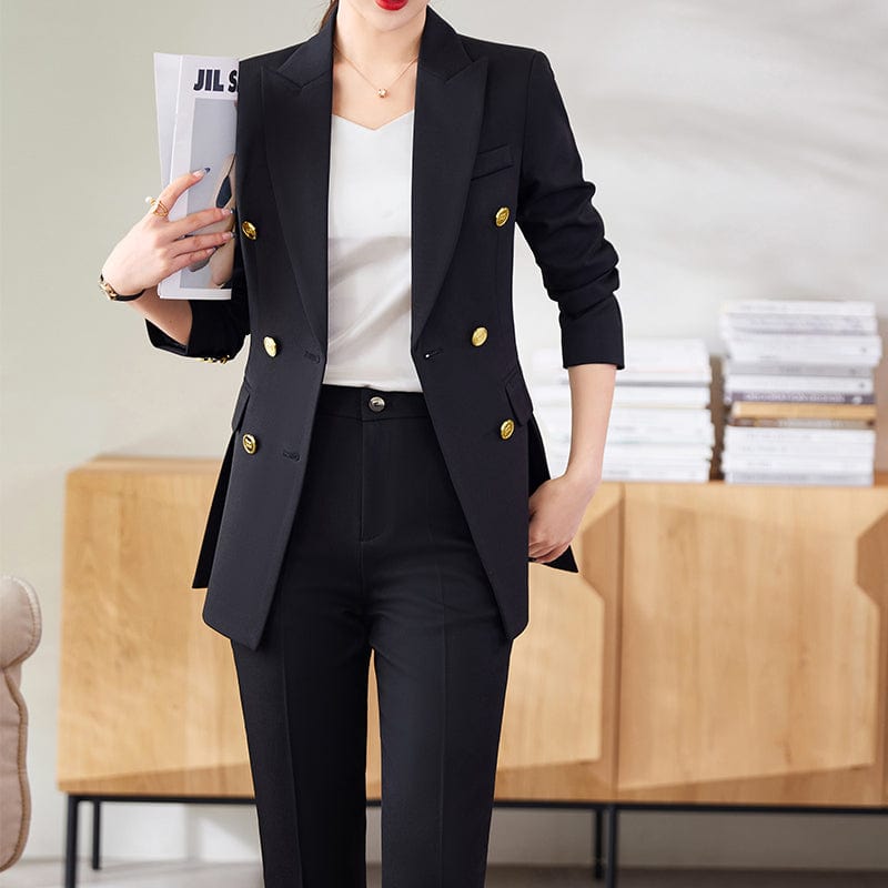 OEM Wholesale 2 Piece Solid Set for Women Business Office Lady Work Wear Double Breasted Elegant Clothes Blazer with Trousers
