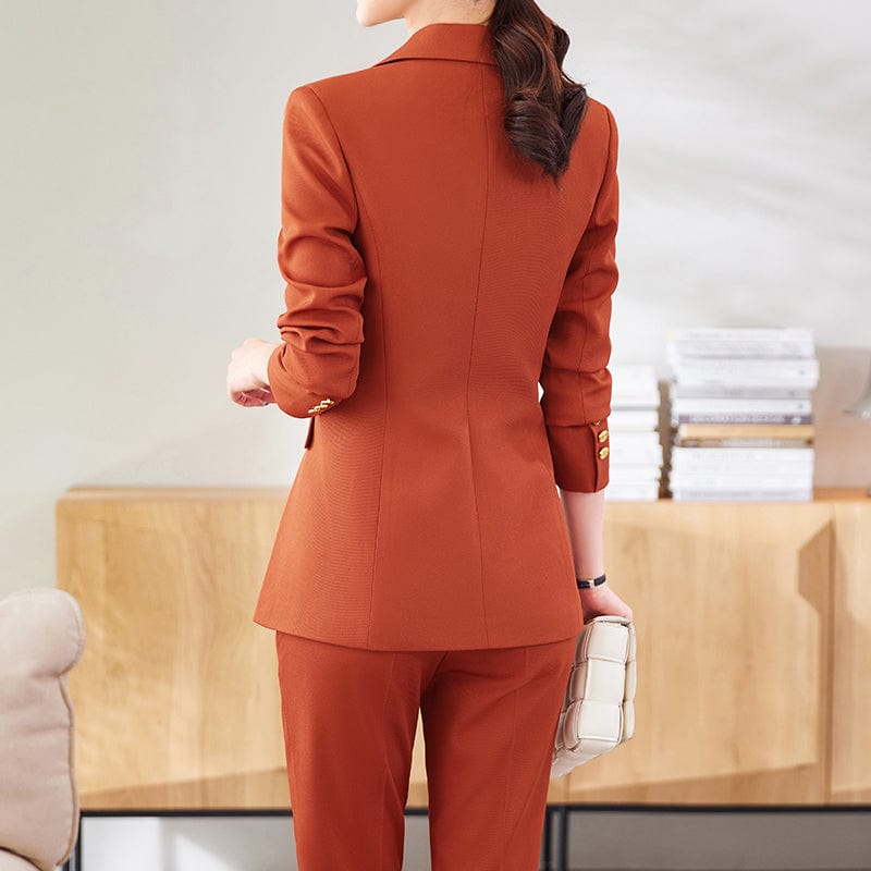 OEM Wholesale 2 Piece Solid Set for Women Business Office Lady Work Wear Double Breasted Elegant Clothes Blazer with Trousers