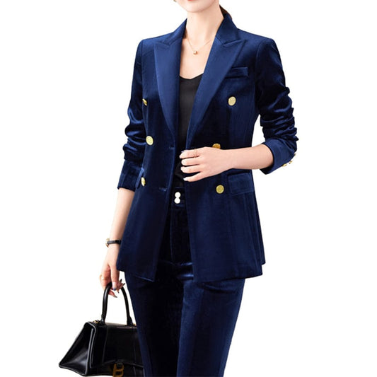 OEM Wholesale 2 Piece Solid Set for Women Business Office Lady Work Wear Double Breasted Fashion Clothes Blazer with Trousers