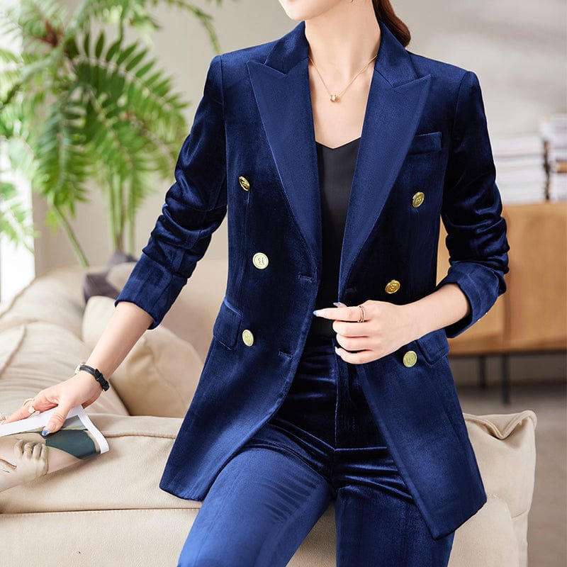 OEM Wholesale 2 Piece Solid Set for Women Business Office Lady Work Wear Double Breasted Fashion Clothes Blazer with Trousers