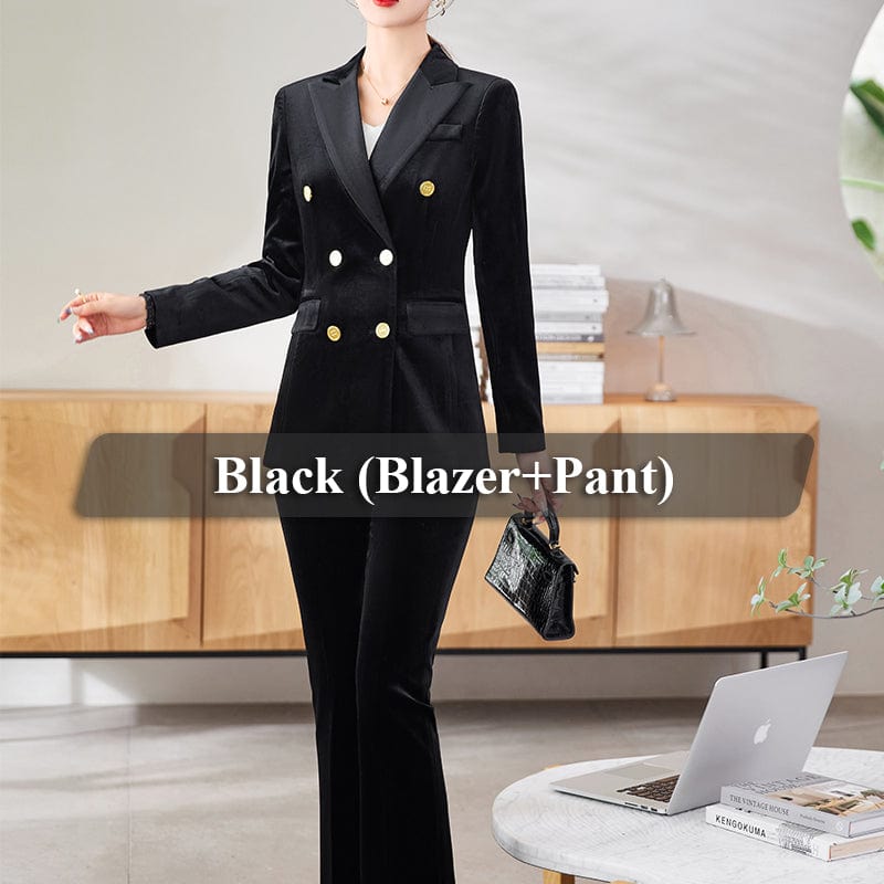 OEM Wholesale 2 Piece Solid Set for Women Business Office Lady Work Wear Double Breasted Fashion Clothes Blazer with Trousers