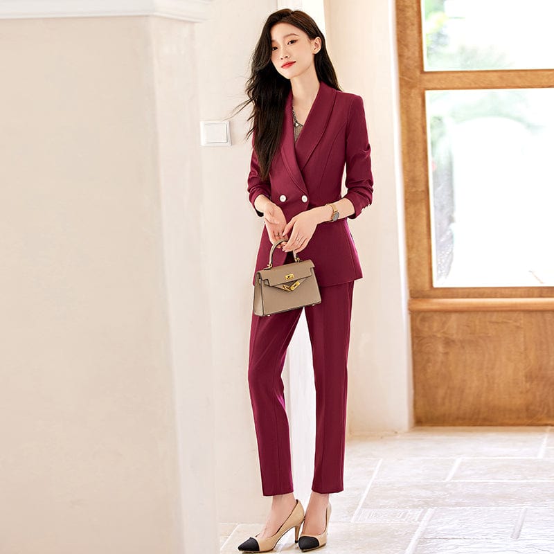 OEM Wholesale 2 Piece Solid Set for Women Business Office Lady Work Wear Single Breasted Clothes Blazer with Trousers