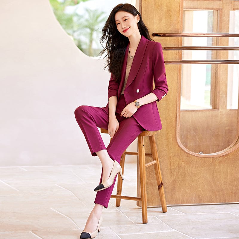 OEM Wholesale 2 Piece Solid Set for Women Business Office Lady Work Wear Single Breasted Clothes Blazer with Trousers