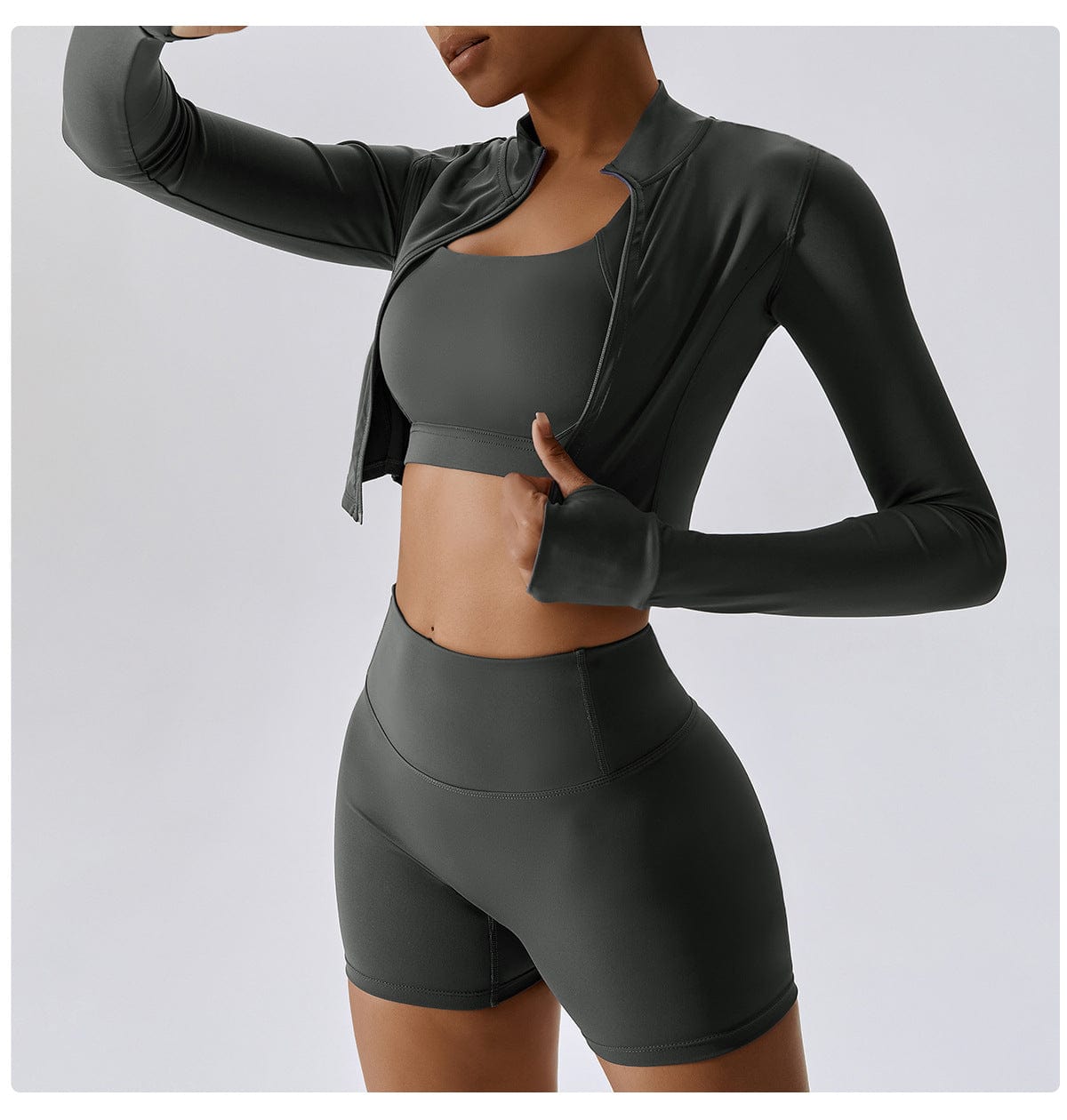 OEM Workout outfits 3 pieces outdoor sports lulu naked tight yoga top jacket high waist shorts three pieces fitness yoga sets