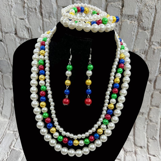 OES Three layers of colored pearls Greek Women Party Sorority Necklace Bracelet set