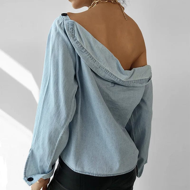 Off Shoulder Button Womens Blouse Elegant Women Slash Neck Long Sleeve Denim Shirt Tops Cheap Clothing Wholesale Bulk Ladies Top