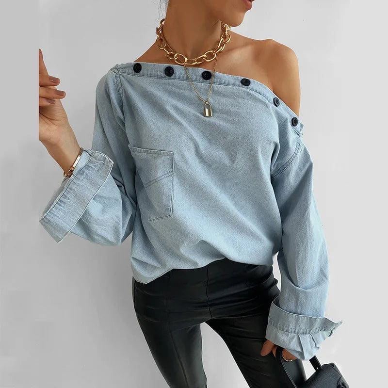 Off Shoulder Button Womens Blouse Elegant Women Slash Neck Long Sleeve Denim Shirt Tops Cheap Clothing Wholesale Bulk Ladies Top