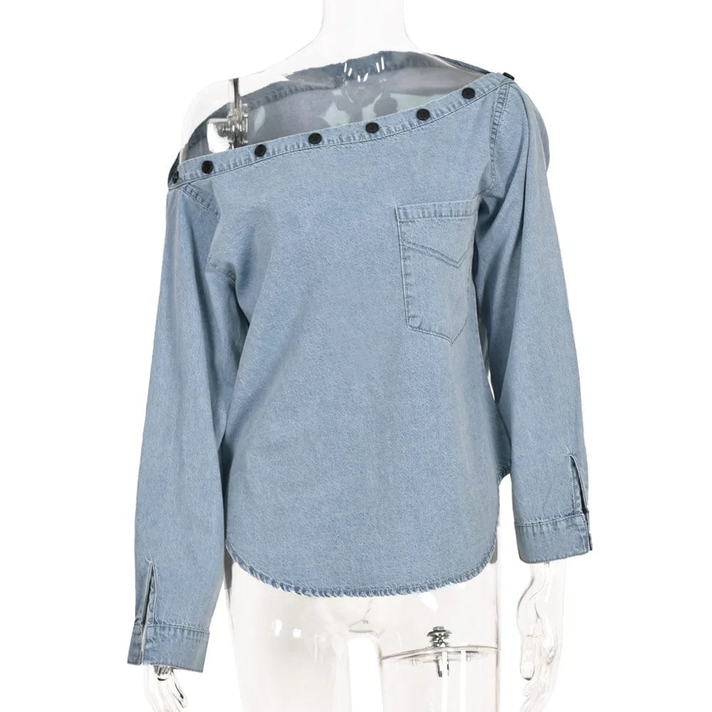 Off Shoulder Button Womens Blouse Elegant Women Slash Neck Long Sleeve Denim Shirt Tops Cheap Clothing Wholesale Bulk Ladies Top