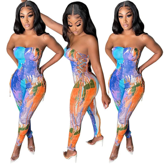 Off Shoulder Lace Up Women Jumpsuit Low Cut Strapless Summer Bodycon Sexy Ladies Print Rompers