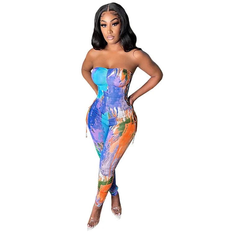 Off Shoulder Lace Up Women Jumpsuit Low Cut Strapless Summer Bodycon Sexy Ladies Print Rompers