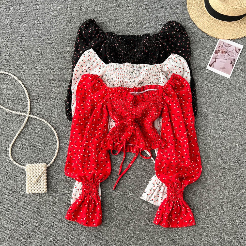 Off-shoulder sexy floral agaric edge chiffon shirt Women's spring and summer sweet bubble sleeve short top