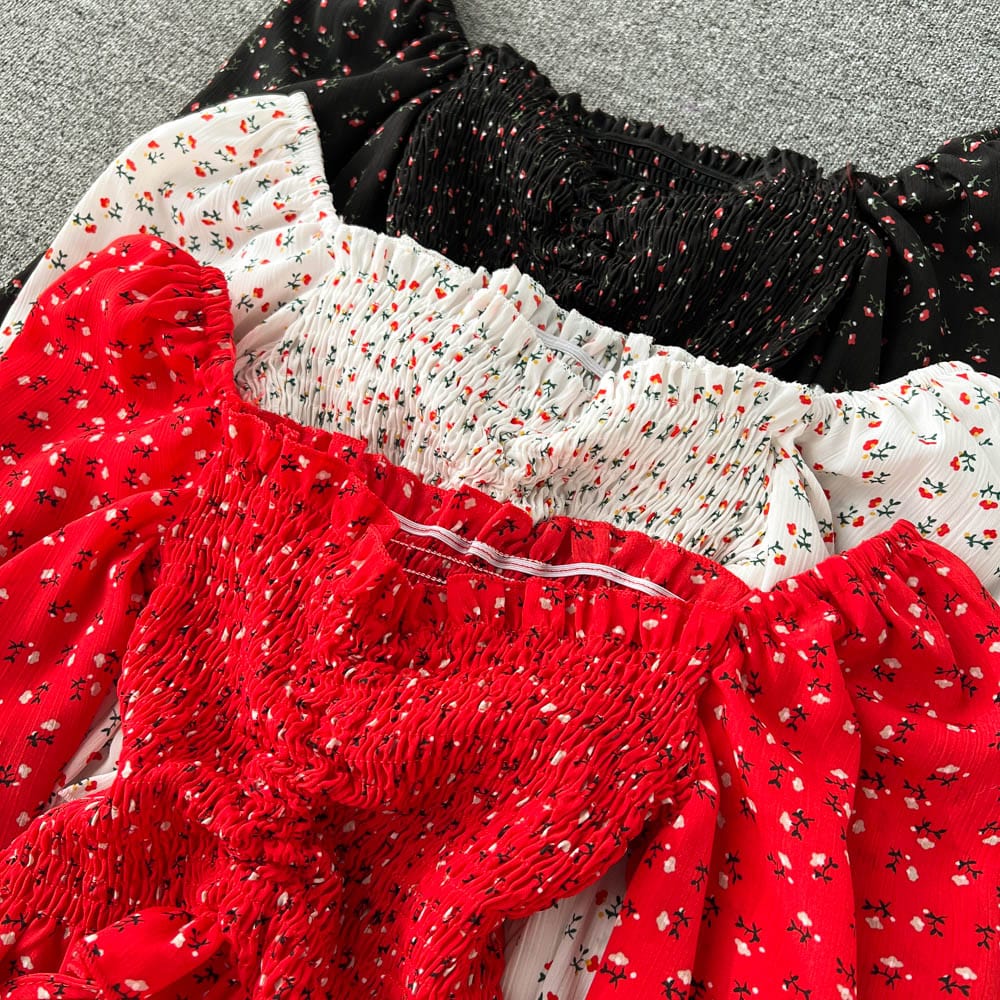 Off-shoulder sexy floral agaric edge chiffon shirt Women's spring and summer sweet bubble sleeve short top